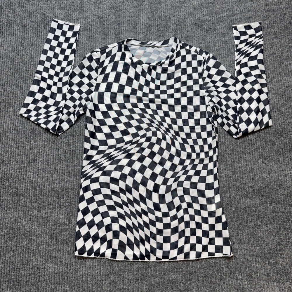 Womens M Black White Warp Checkerboard Mesh Top Psychedelic Y2K Trippy Sheer